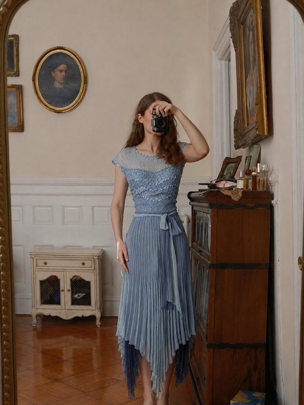 Komarov Asymmetrical Silk Midi Dress Size Large Pastel Blue Formal Sheer